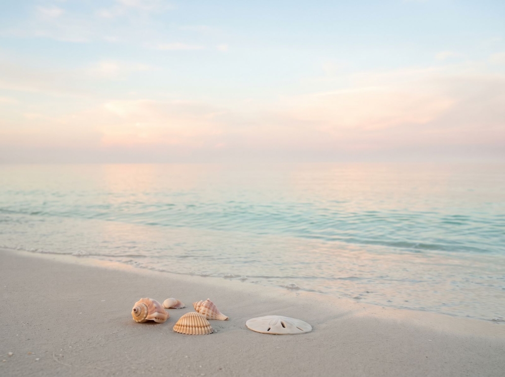 Small seashells and a sand dollar on smooth wet sand at the water's edge