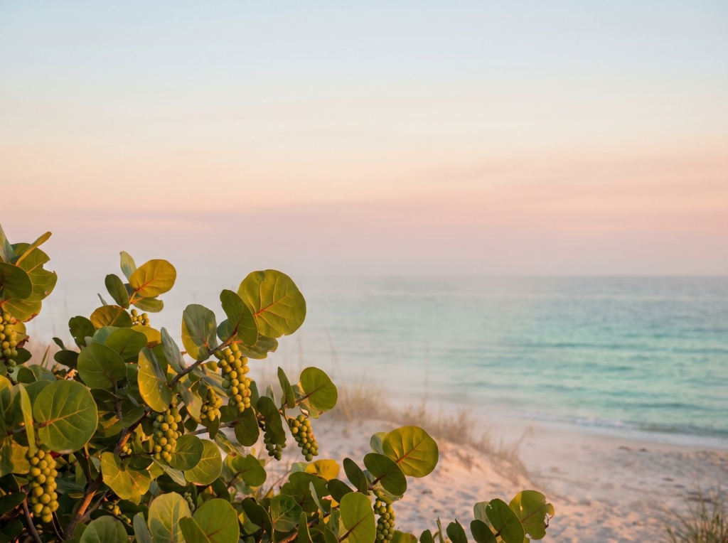 Early sunlight falling through sea grape leaves on a beach dune