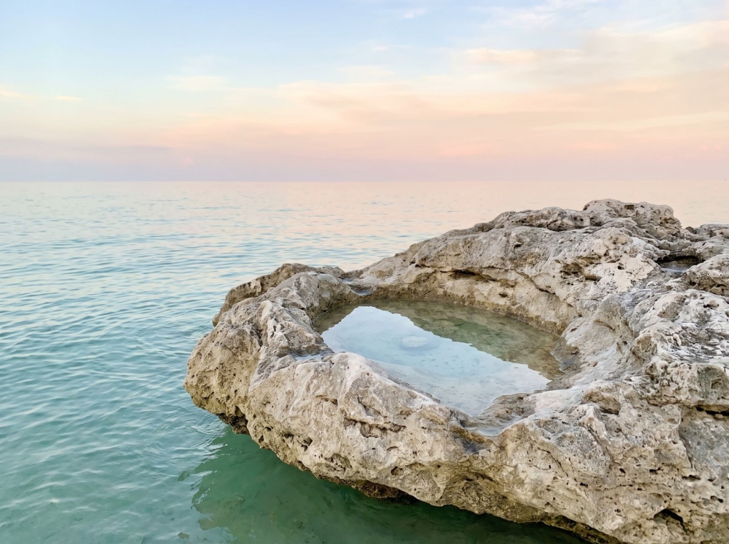 A hollow worn into pale limestone at the water's edge, holding a small pool of seawater