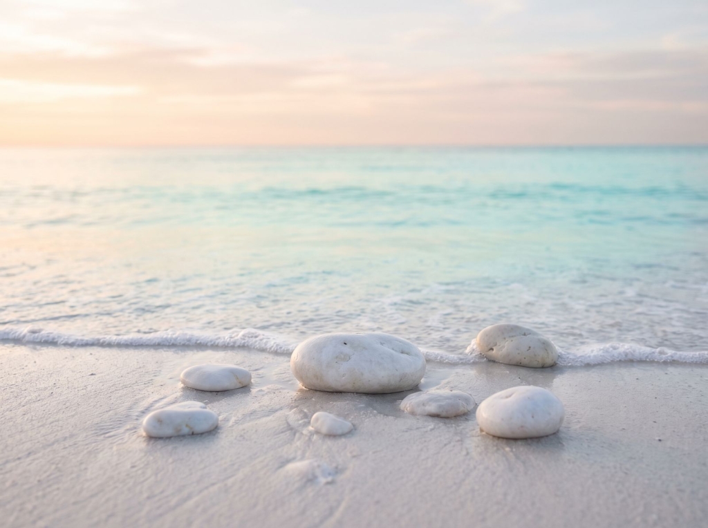 Smooth white sea-polished stones on pale wet sand