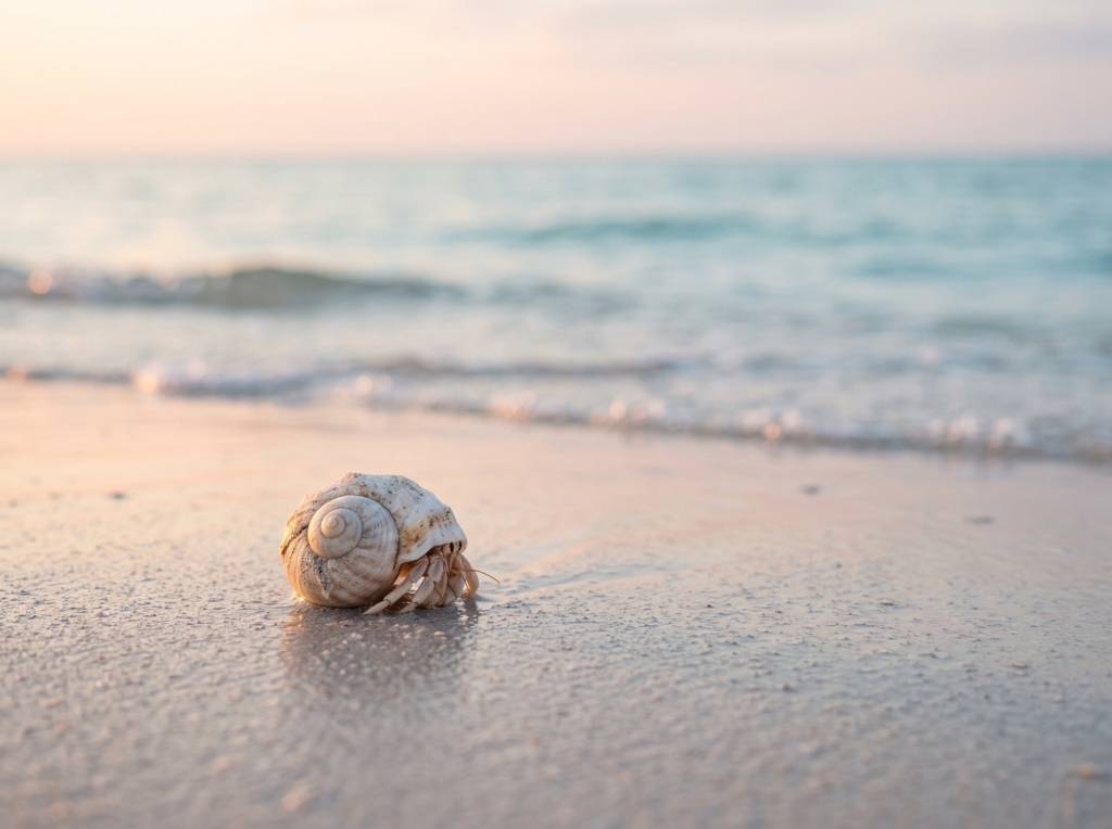 A hermit crab rests in a pale spiral shell on wet sand by calm turquoise water.
