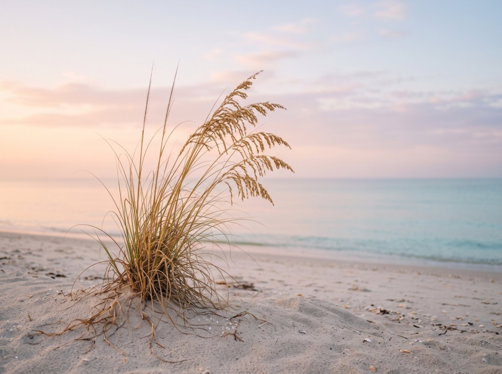 A clump of sea oats grows on a low sand dune above a calm sea.
