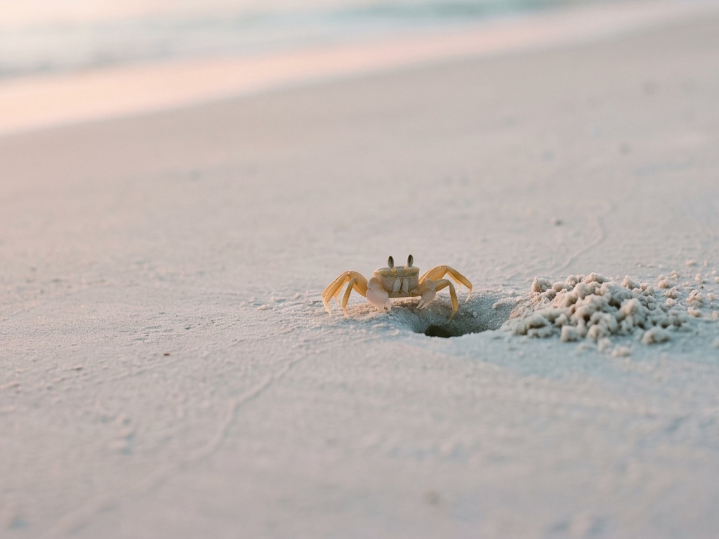 Ghost crab at a sand burrow entrance on pale sand near calm water.