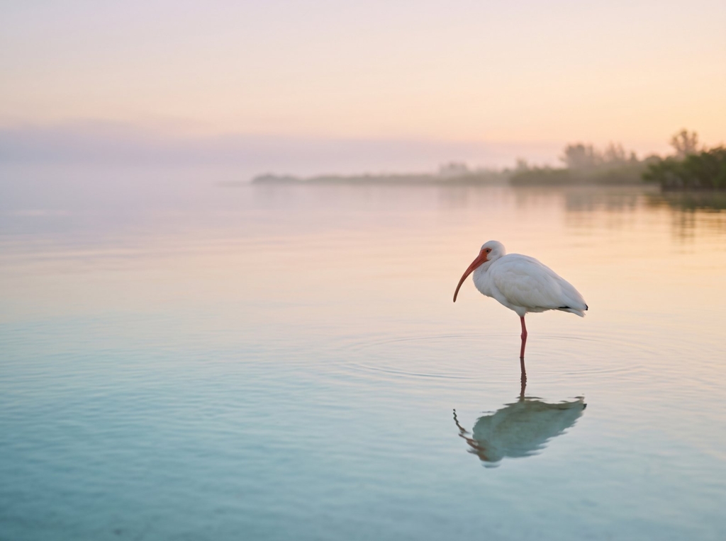 A white bird with a curved orange bill stands on a single leg at dusk.