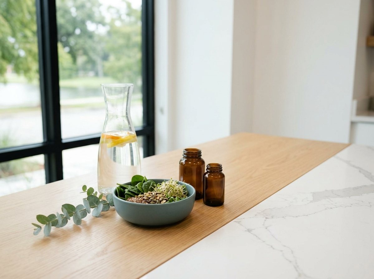 Water carafe, greens, seeds and amber bottles on an oak and quartz counter