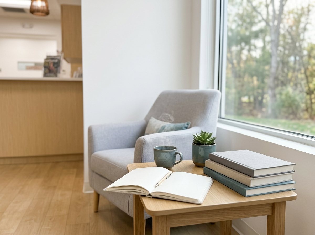 Reading nook with an open notebook, books and tea by a window