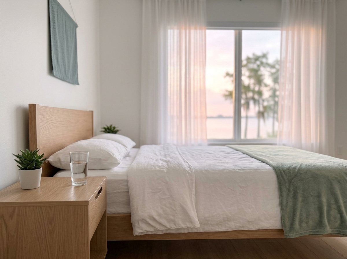 Bedroom with white linen and a sage throw in soft morning light