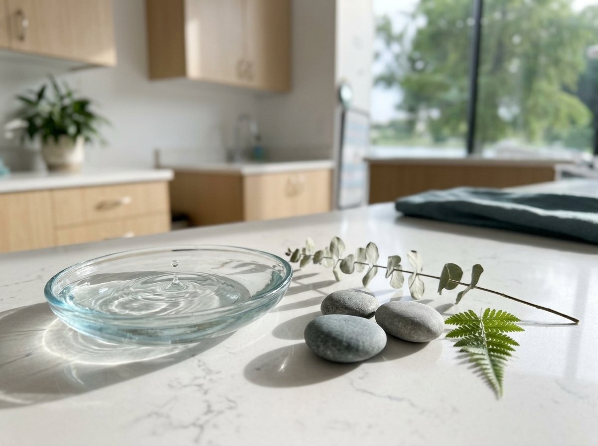 Smooth stones, eucalyptus and a dish of water on white quartz